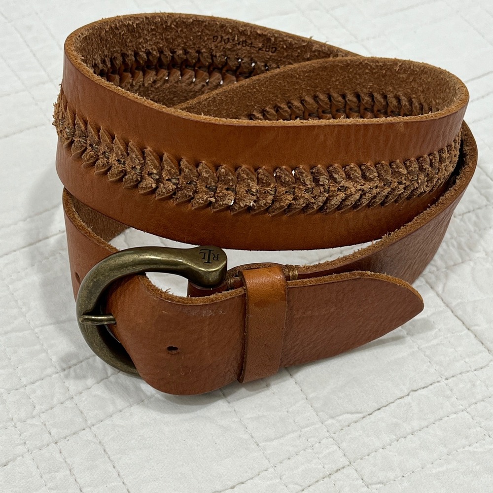 Lauren Ralph Lauren Brown Leather Braided Chevron Belt Medium Antique Brass